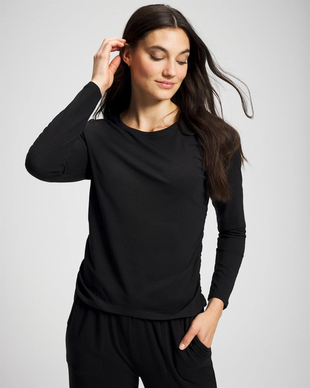 BLACK - Ruched Long Sleeve Pajama Tee
