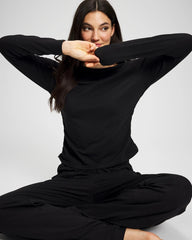 BLACK - Ruched Long Sleeve Pajama Tee