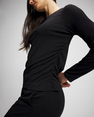 BLACK - Ruched Long Sleeve Pajama Tee