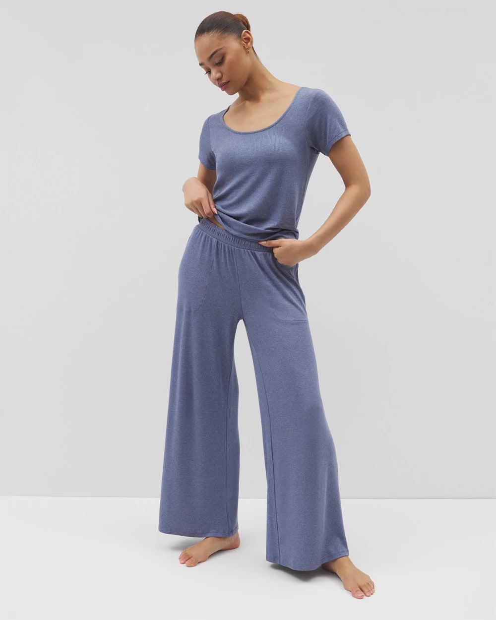 HEATHER DUSK - Lightweight Rib Knit Wide Leg Pajama Pants