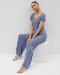 HEATHER DUSK - Lightweight Rib Knit Wide Leg Pajama Pants