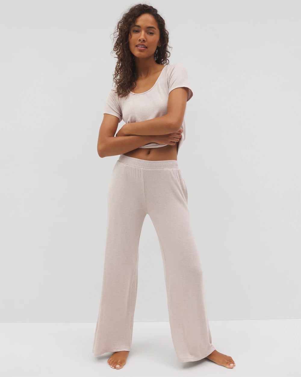 HEATHER BARELY THERE - Lightweight Rib Knit Wide Leg Pajama Pants