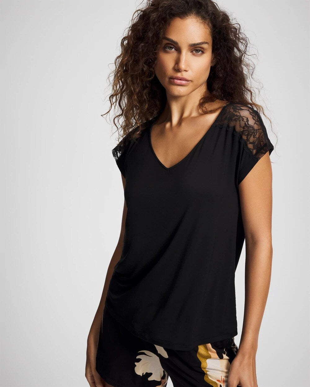 BLACK - Short Sleeve Lace Pajama Tee
