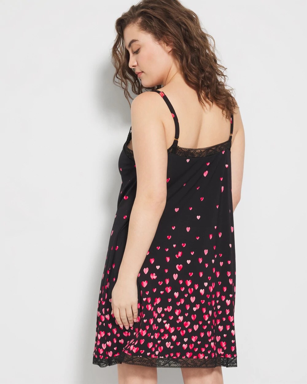 FLOATING HEARTS BDR BLK R - Lace Trim Chemise