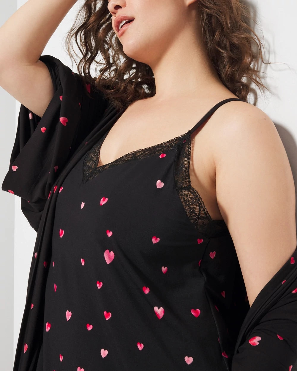 FLOATING HEARTS BDR BLK R - Lace Trim Chemise