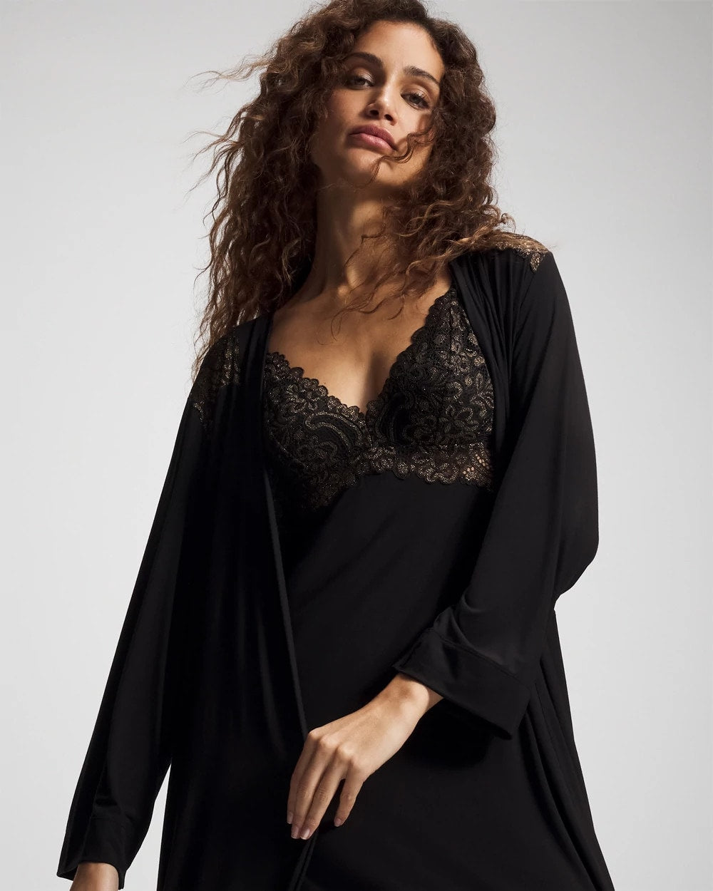 BLACK - Long Robe with Lace