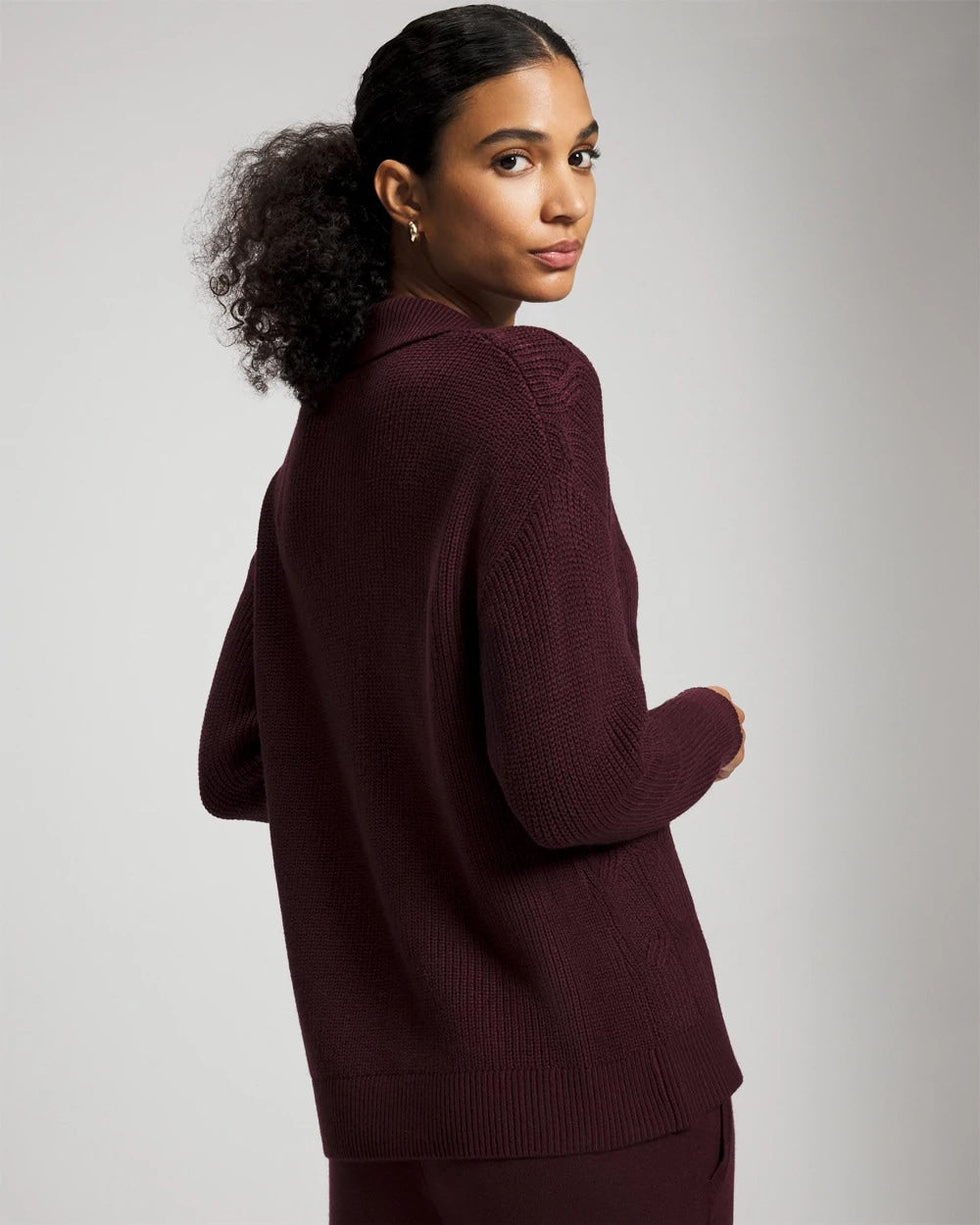 MERLOT - Premier Knit Cable Knit Collared Sweater