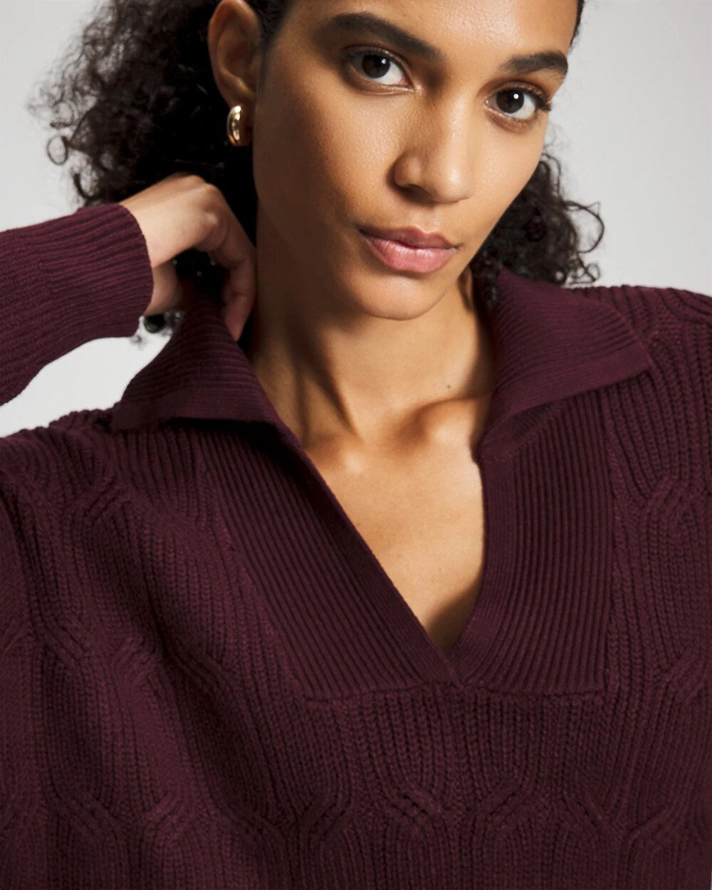 MERLOT - Premier Knit Cable Knit Collared Sweater