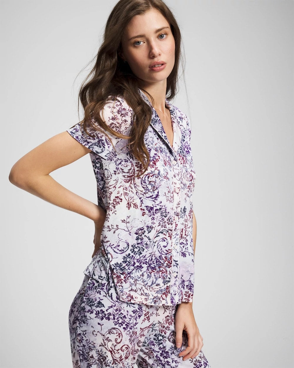 LACE HARMONY LILAC - Piped Short Sleeve Notch Collar Pajama Top