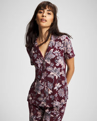PAISLEY SPLENDOR PLUM - Piped Short Sleeve Notch Collar Pajama Top