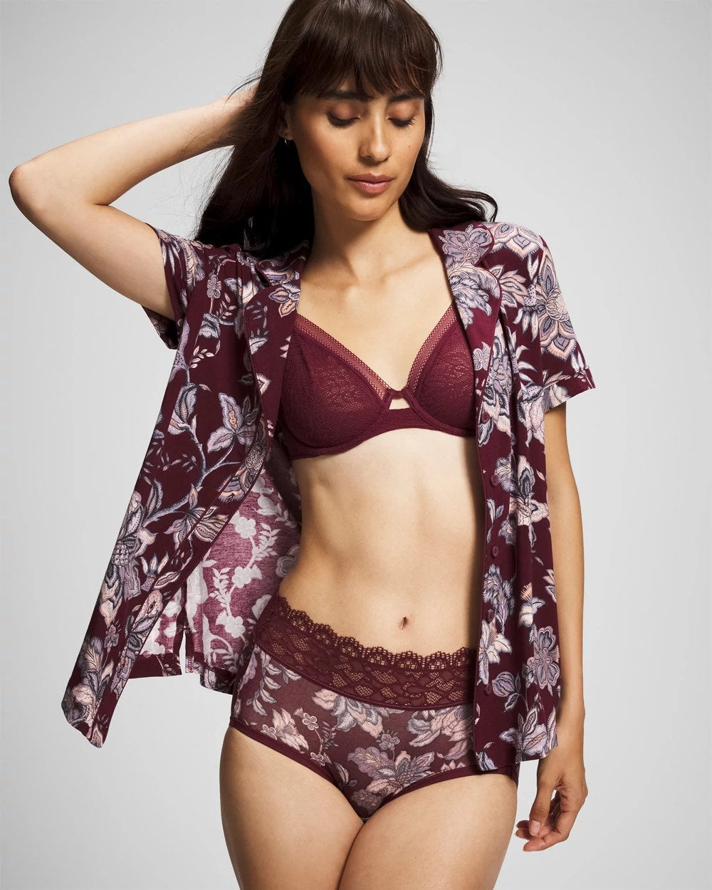 PAISLEY SPLENDOR PLUM - Piped Short Sleeve Notch Collar Pajama Top