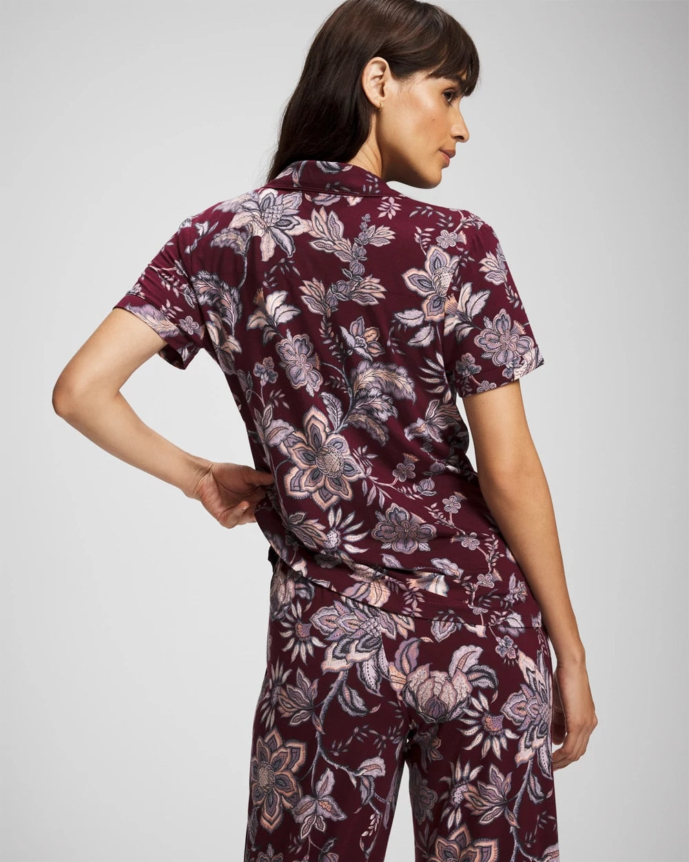 PAISLEY SPLENDOR PLUM - Piped Short Sleeve Notch Collar Pajama Top
