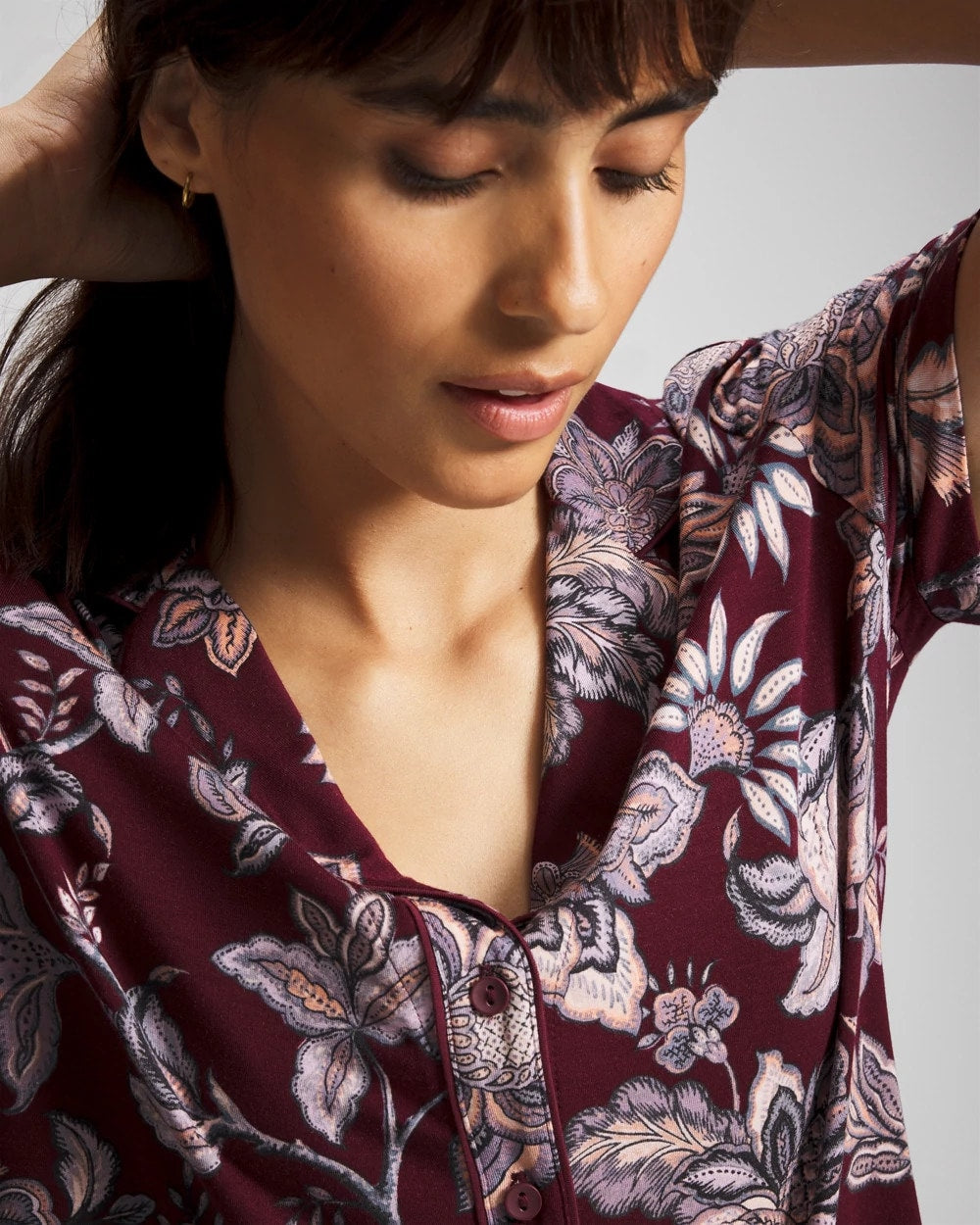 PAISLEY SPLENDOR PLUM - Piped Short Sleeve Notch Collar Pajama Top