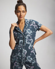 FLORA SHIMMER PETROL - Piped Short Sleeve Notch Collar Pajama Top