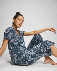 FLORA SHIMMER PETROL - Piped Short Sleeve Notch Collar Pajama Top