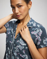 FLORA SHIMMER PETROL - Piped Short Sleeve Notch Collar Pajama Top