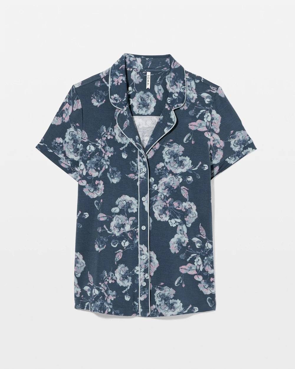 FLORA SHIMMER PETROL - Piped Short Sleeve Notch Collar Pajama Top