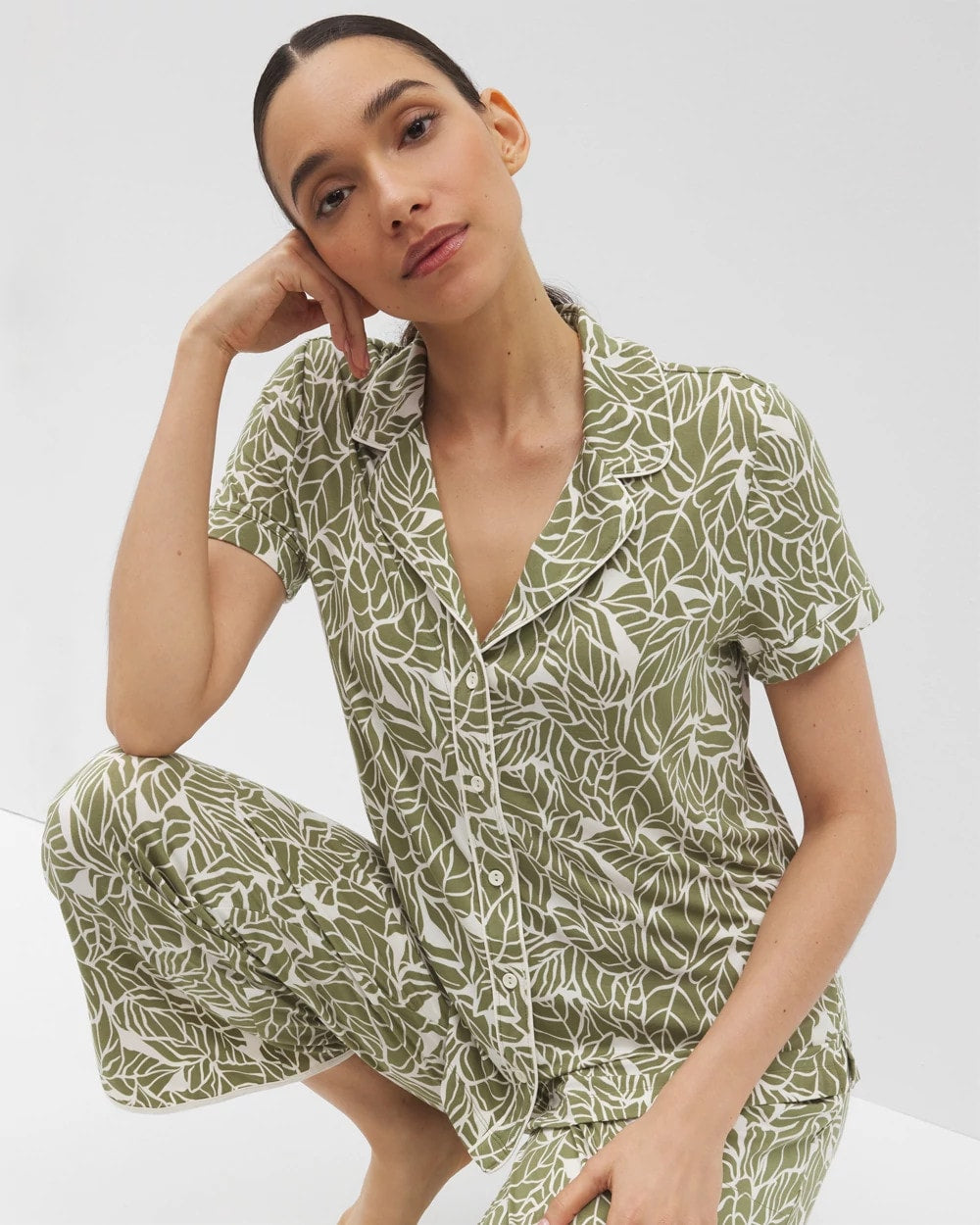 PALMTASTIC VETIVER/CHAMP - Piped Short Sleeve Notch Collar Pajama Top