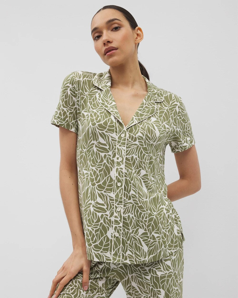 PALMTASTIC VETIVER/CHAMP - Piped Short Sleeve Notch Collar Pajama Top