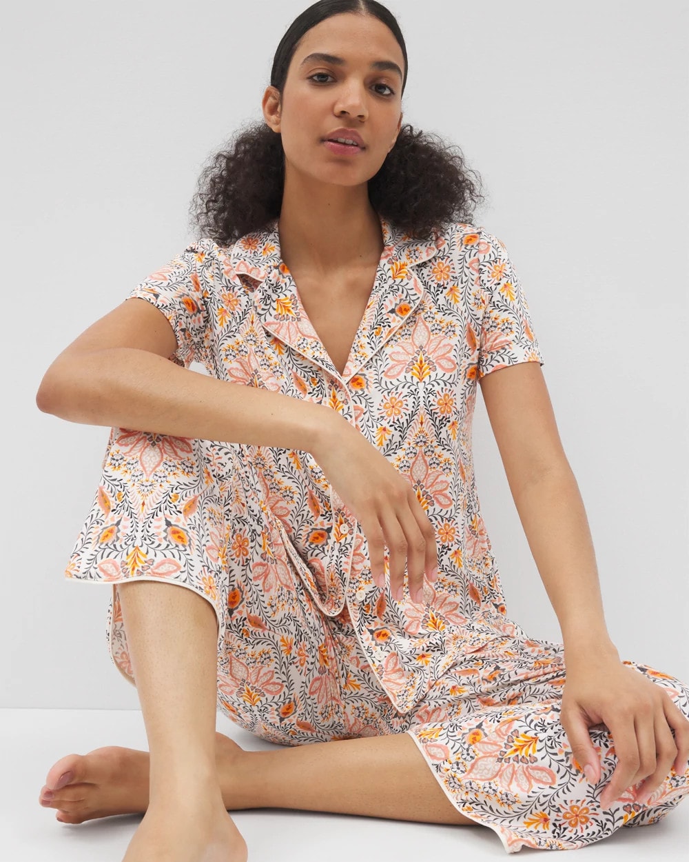 VINE PAISLEY CHAMPAGNE M - Piped Short Sleeve Notch Collar Pajama Top