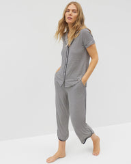 NIGHTCAP STRIPE NAVY - Piped Short Sleeve Notch Collar Pajama Top