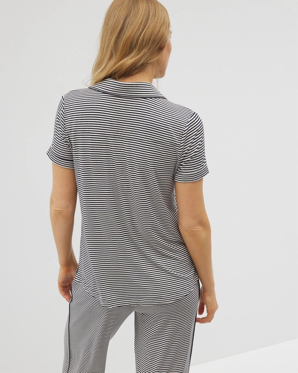 NIGHTCAP STRIPE NAVY - Piped Short Sleeve Notch Collar Pajama Top