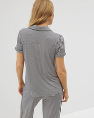 NIGHTCAP STRIPE NAVY - Piped Short Sleeve Notch Collar Pajama Top
