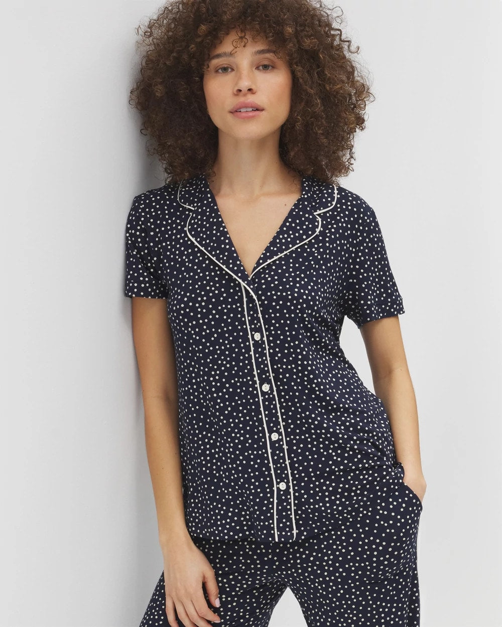 DOT OBSESSED NAVY - Piped Short Sleeve Notch Collar Pajama Top