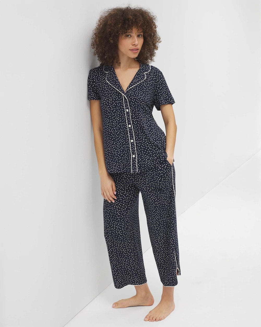 DOT OBSESSED NAVY - Piped Short Sleeve Notch Collar Pajama Top