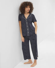 DOT OBSESSED NAVY - Piped Short Sleeve Notch Collar Pajama Top