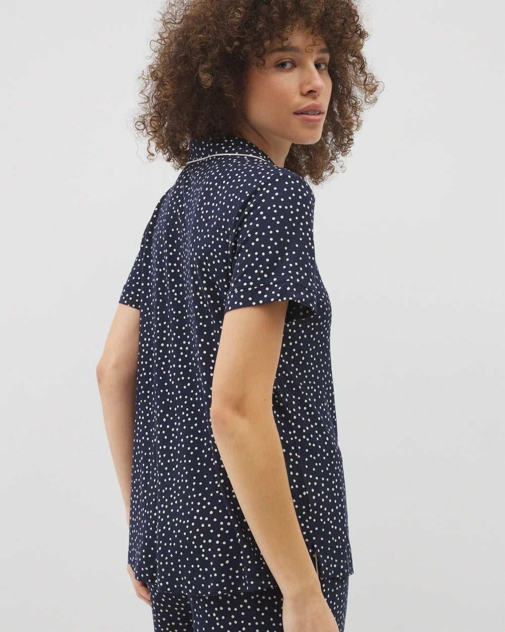 DOT OBSESSED NAVY - Piped Short Sleeve Notch Collar Pajama Top