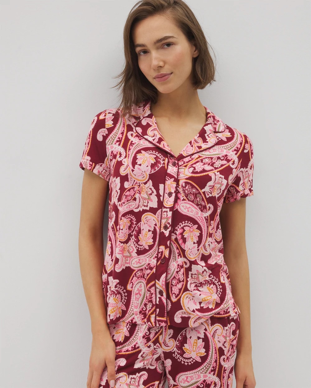 KASHMIR PAISLEY KISS - Piped Short Sleeve Notch Collar Pajama Top