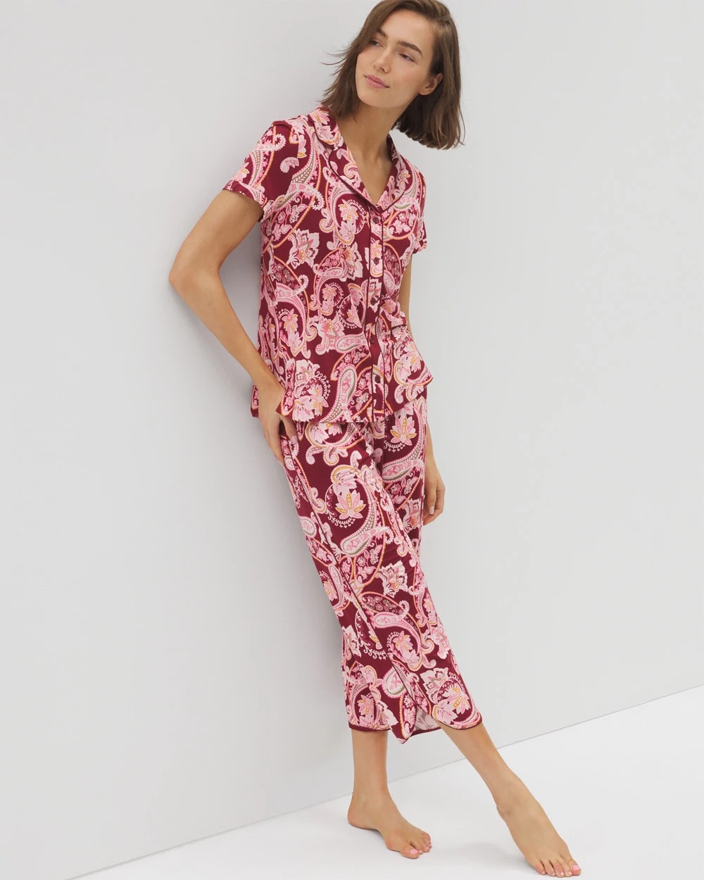 KASHMIR PAISLEY KISS - Piped Short Sleeve Notch Collar Pajama Top