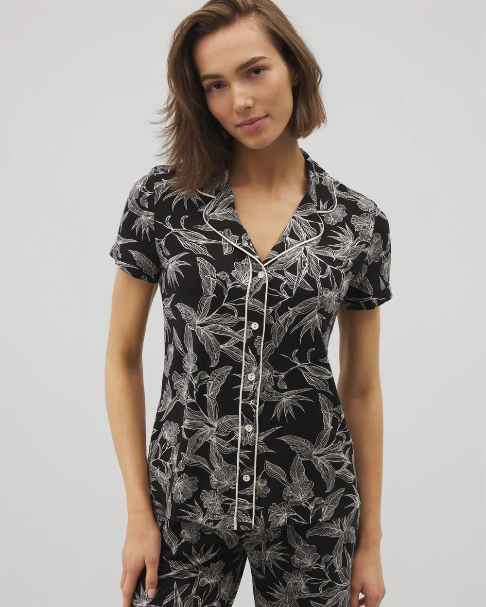 PLUMERIA BLOOMS BLK CH - Piped Short Sleeve Notch Collar Pajama Top