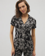 PLUMERIA BLOOMS BLK CH - Piped Short Sleeve Notch Collar Pajama Top