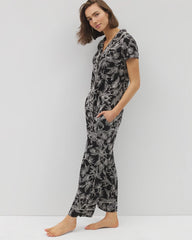 PLUMERIA BLOOMS BLK CH - Piped Short Sleeve Notch Collar Pajama Top