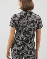 PLUMERIA BLOOMS BLK CH - Piped Short Sleeve Notch Collar Pajama Top