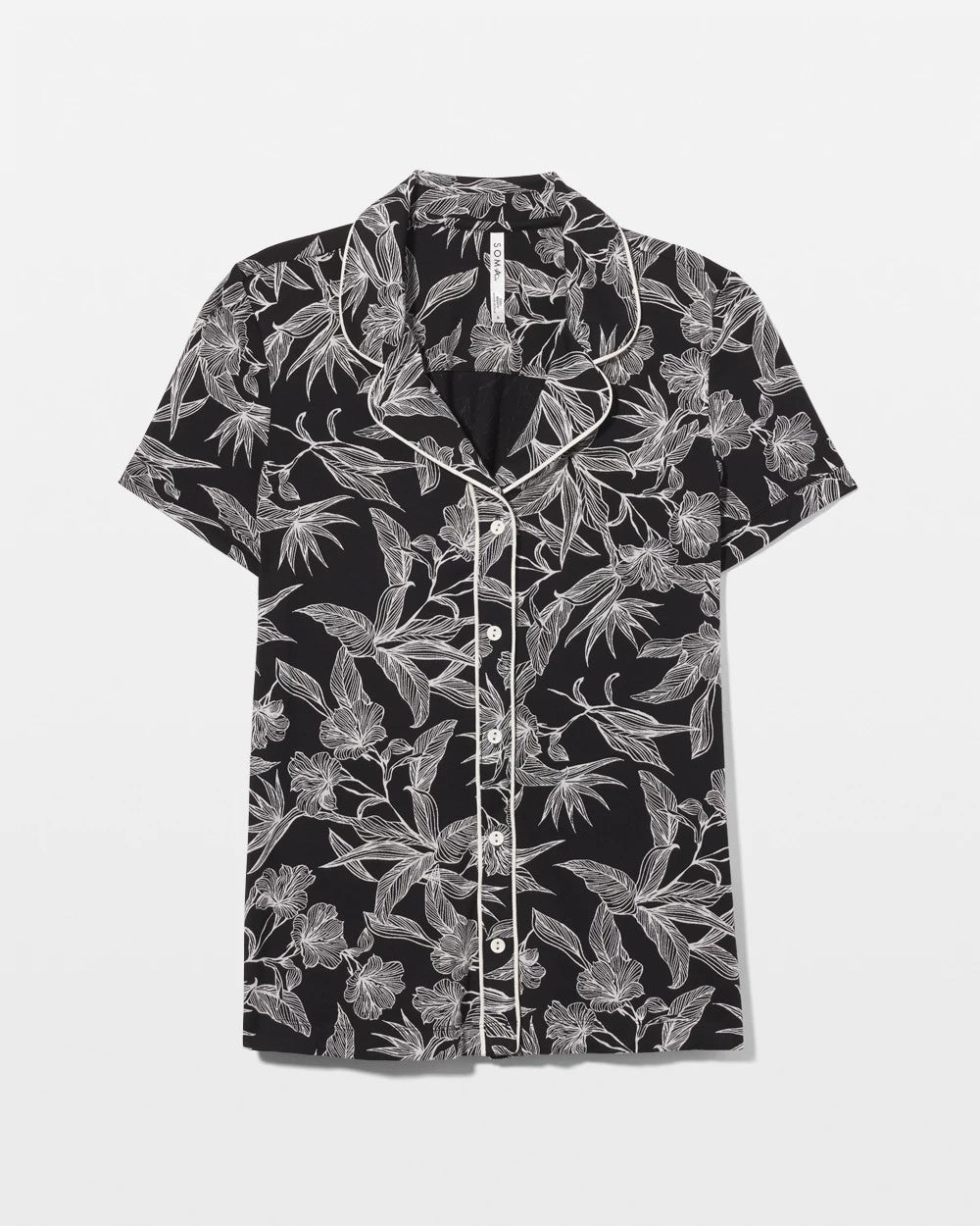PLUMERIA BLOOMS BLK CH - Piped Short Sleeve Notch Collar Pajama Top