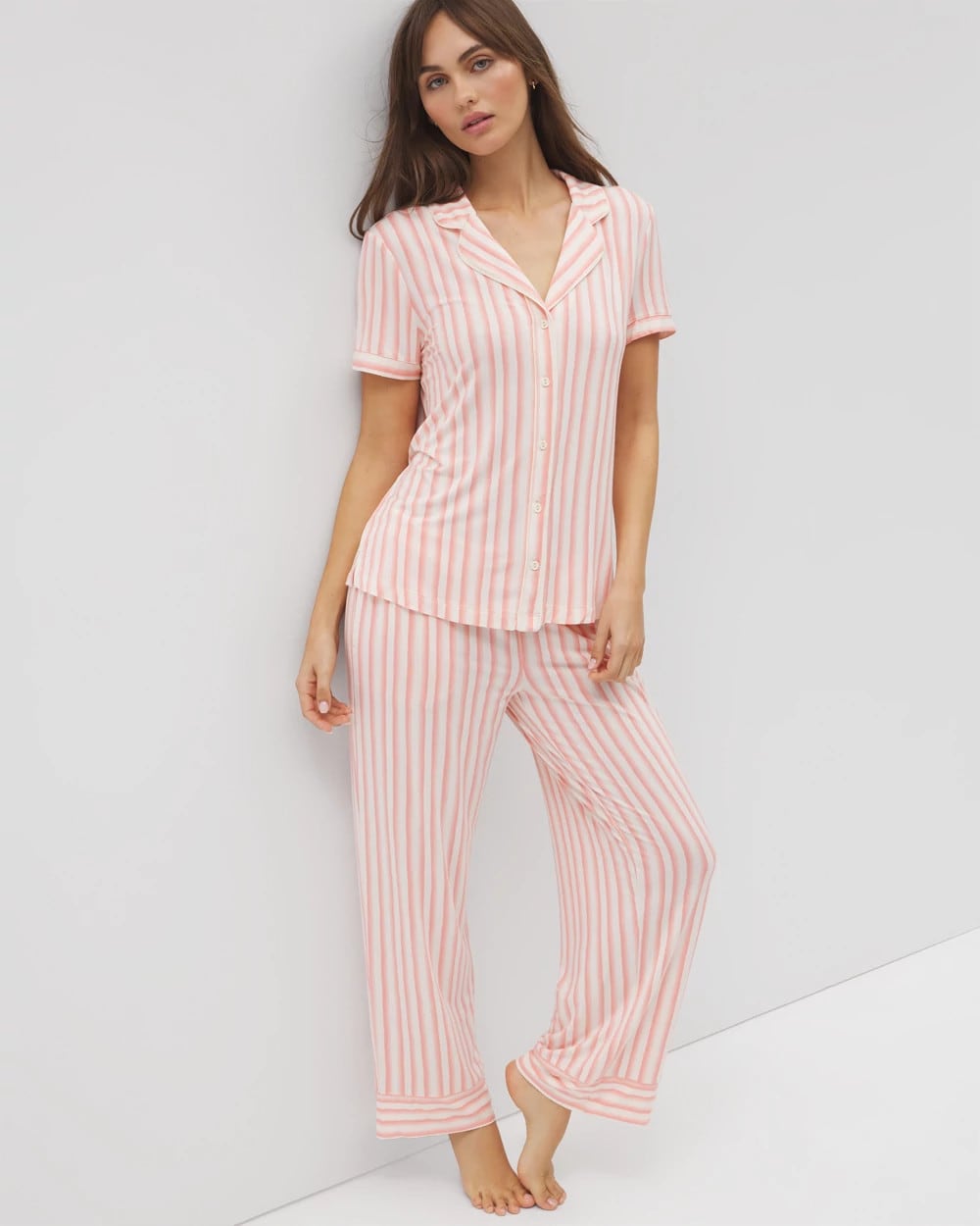 SUNNY STRIPES CHAMPAGNE - Piped Short Sleeve Notch Collar Pajama Top