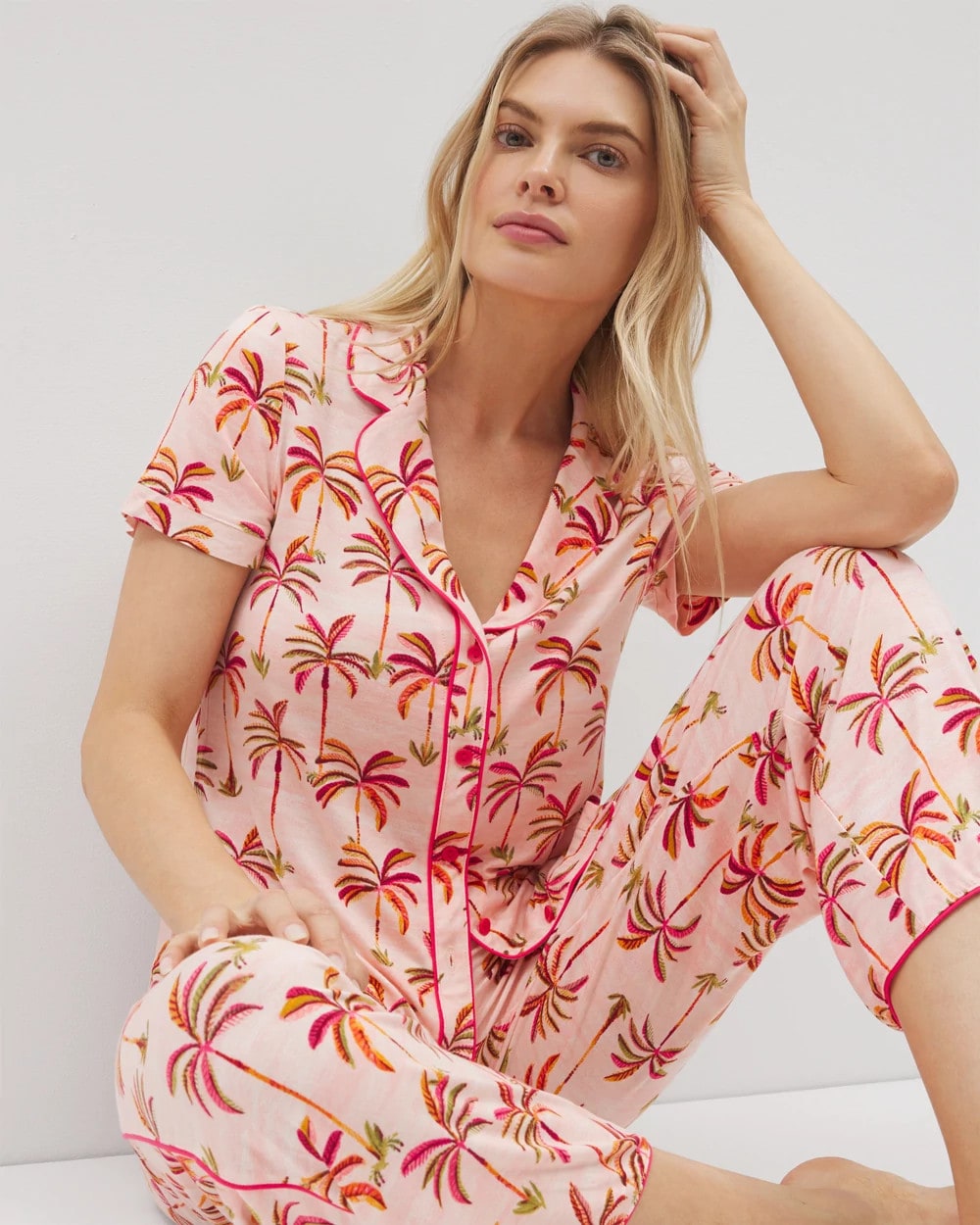 SHAKE YOUR PALM PALMS P - Piped Short Sleeve Notch Collar Pajama Top