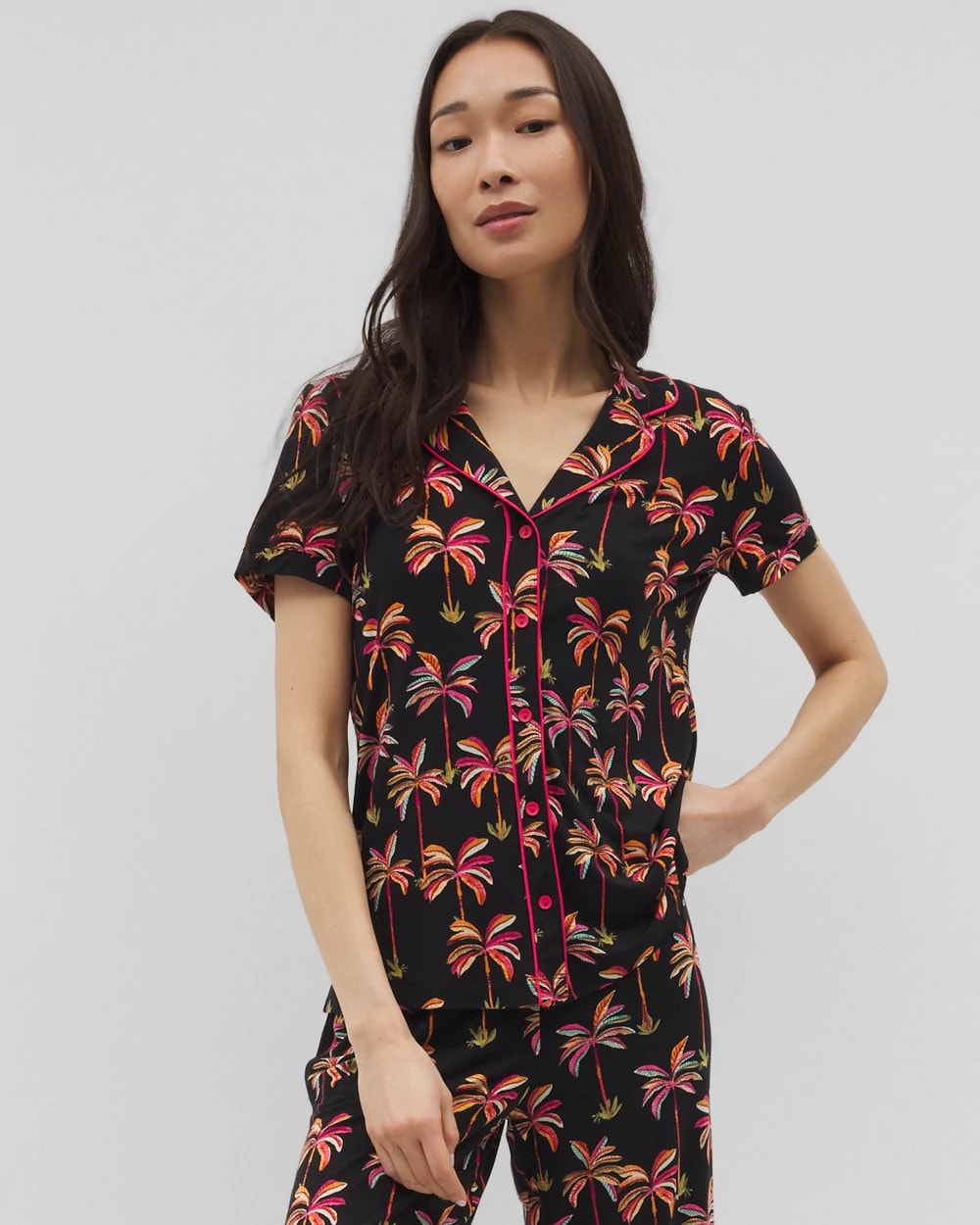 SHAKE YOUR PALM PALMS BLK - Piped Short Sleeve Notch Collar Pajama Top