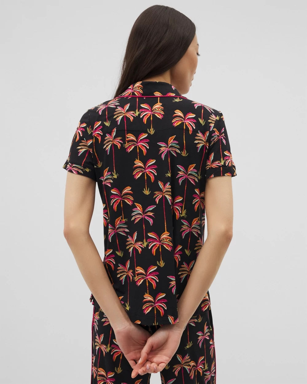 SHAKE YOUR PALM PALMS BLK - Piped Short Sleeve Notch Collar Pajama Top