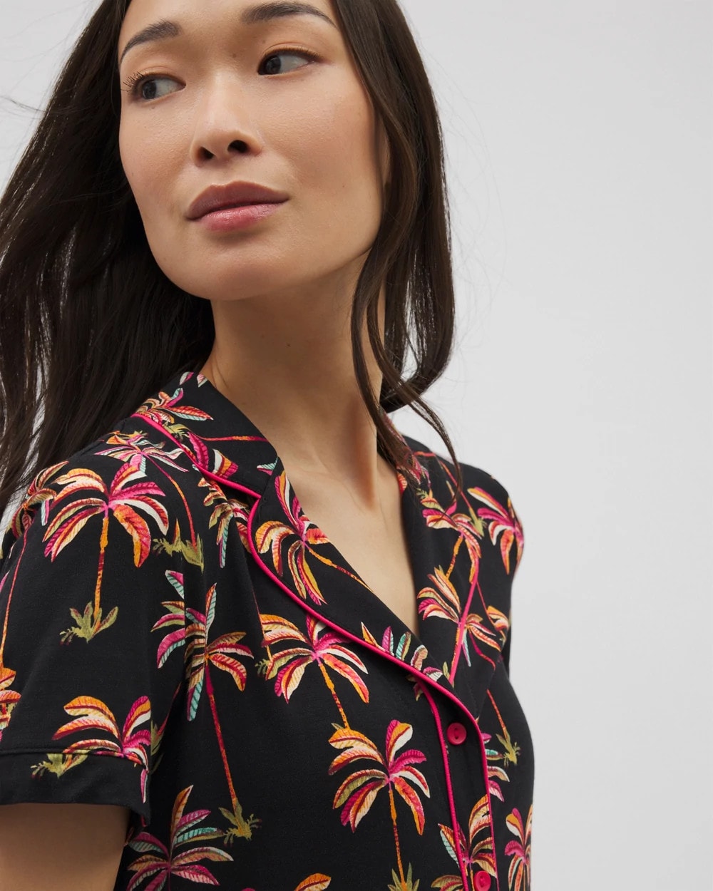 SHAKE YOUR PALM PALMS BLK - Piped Short Sleeve Notch Collar Pajama Top