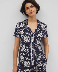 PLUMERIA DREAM NAVY - Piped Short Sleeve Notch Collar Pajama Top