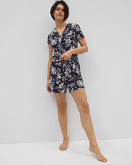 PLUMERIA DREAM NAVY - Piped Short Sleeve Notch Collar Pajama Top