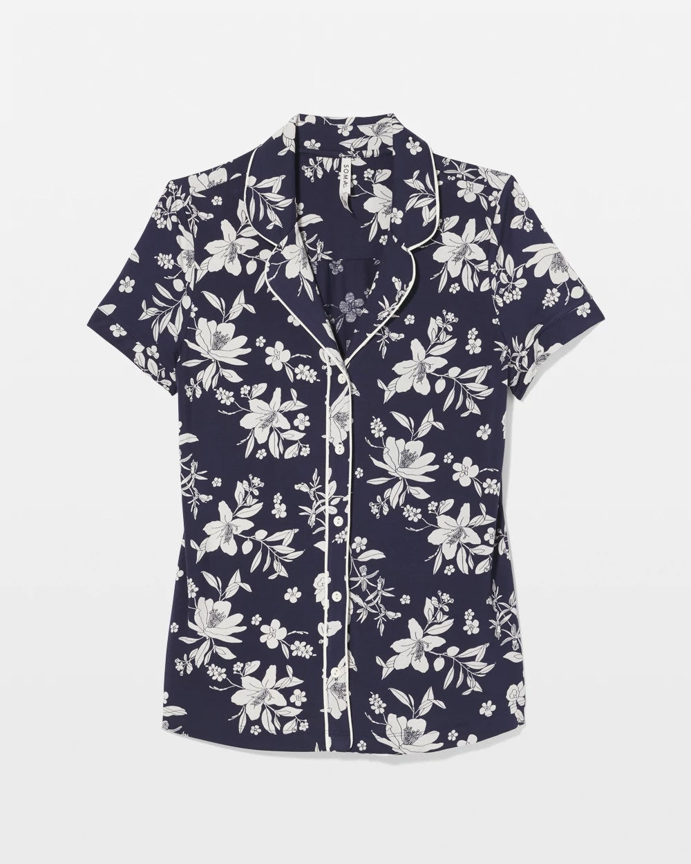 PLUMERIA DREAM NAVY - Piped Short Sleeve Notch Collar Pajama Top