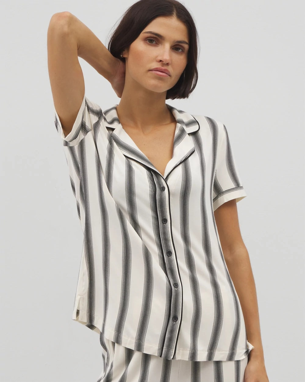 HAMPTON STRIPE BLACK - Piped Short Sleeve Notch Collar Pajama Top