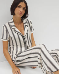 HAMPTON STRIPE BLACK - Piped Short Sleeve Notch Collar Pajama Top