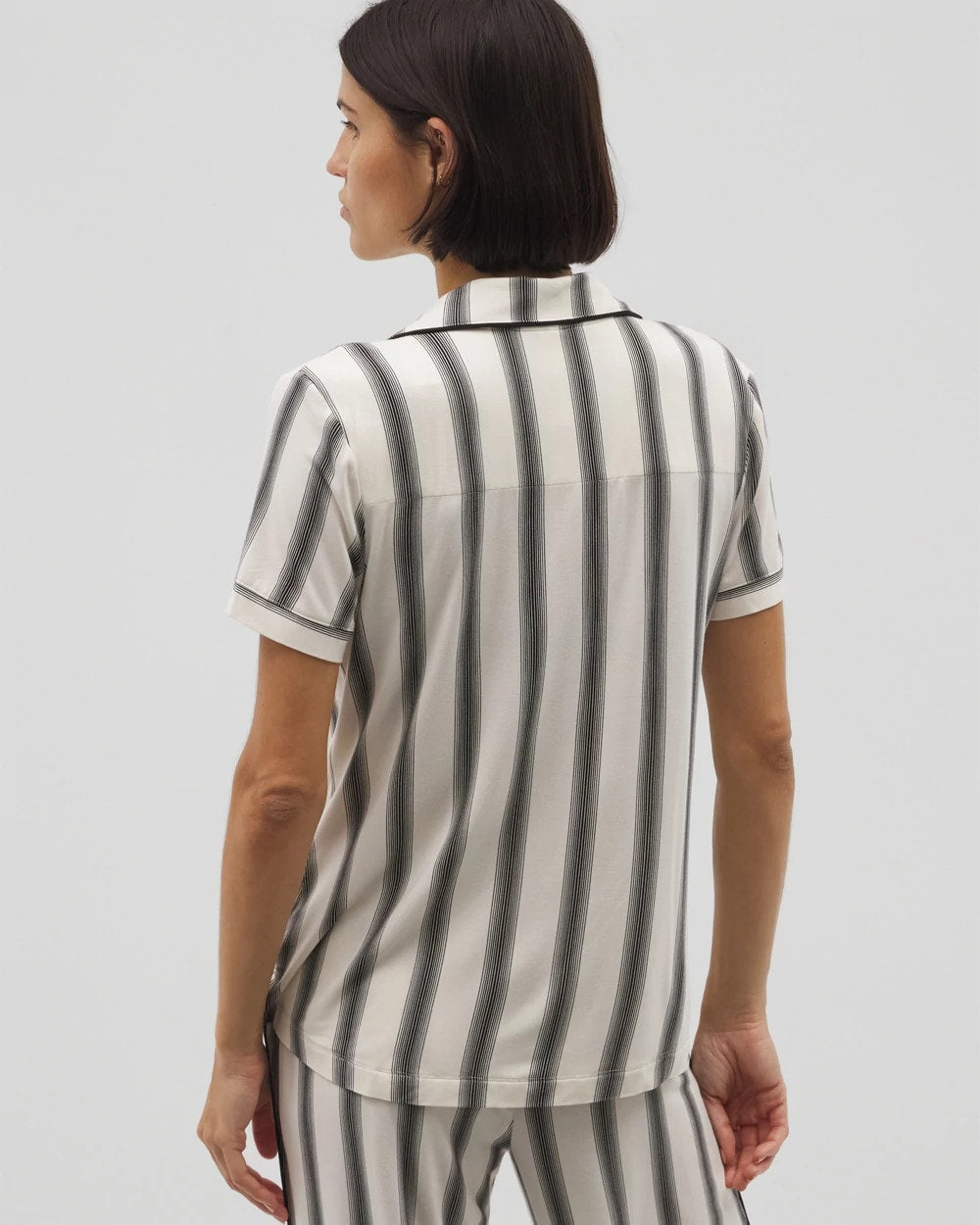 HAMPTON STRIPE BLACK - Piped Short Sleeve Notch Collar Pajama Top
