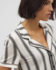 HAMPTON STRIPE BLACK - Piped Short Sleeve Notch Collar Pajama Top